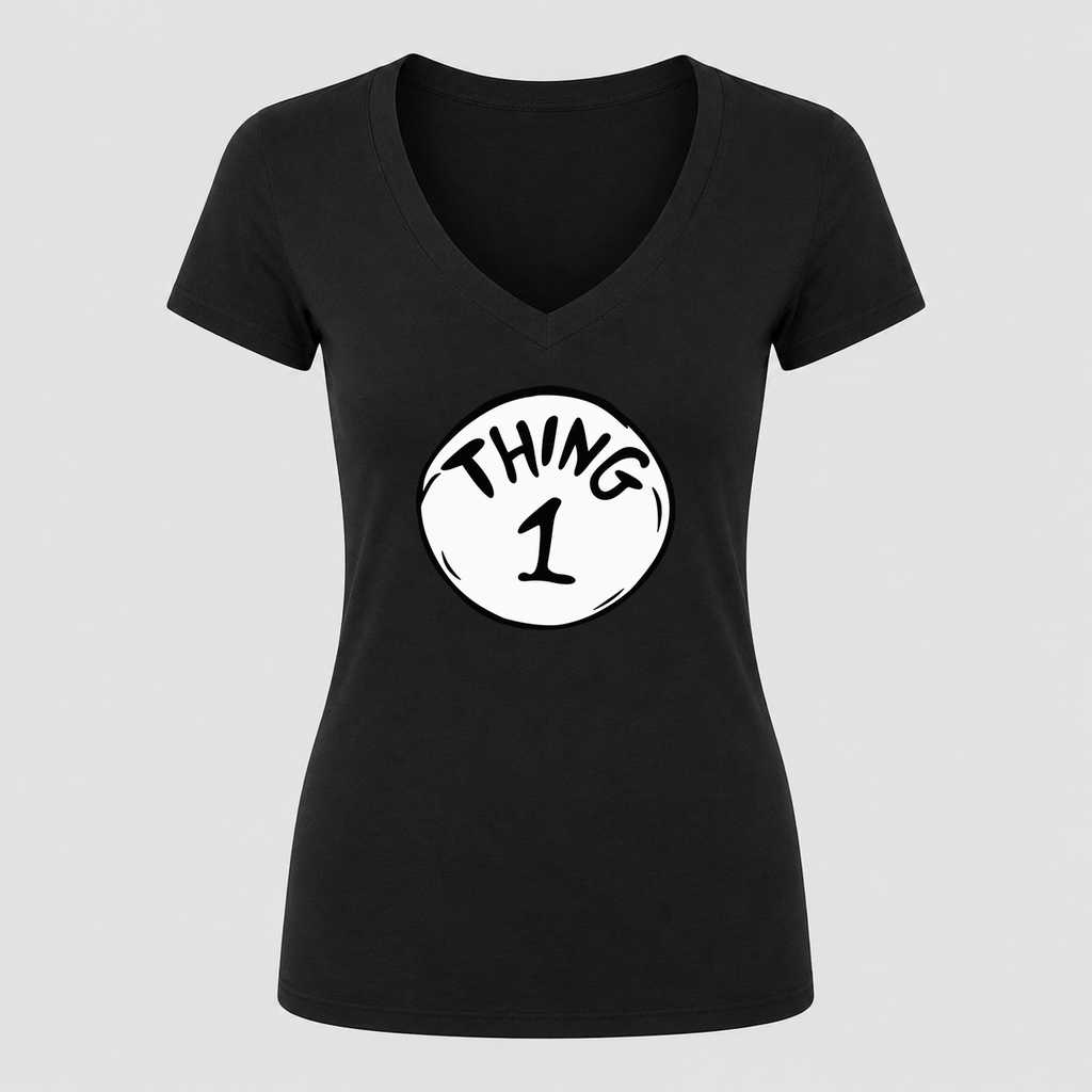 Women's Dr. Seuss Thing 1 V Neck T-Shirt in black