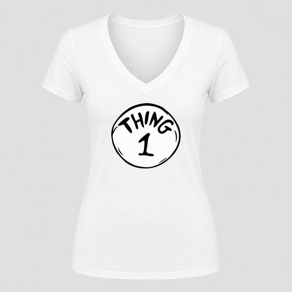 Women's Dr. Seuss Thing 1 V Neck T-Shirt in white