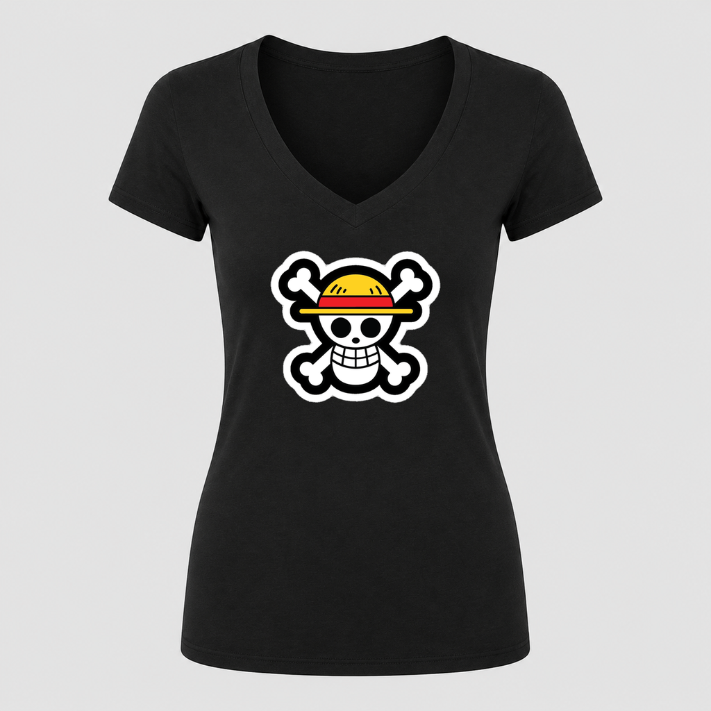 Women's Straw Hat Luffy V Neck T-Shirt in black