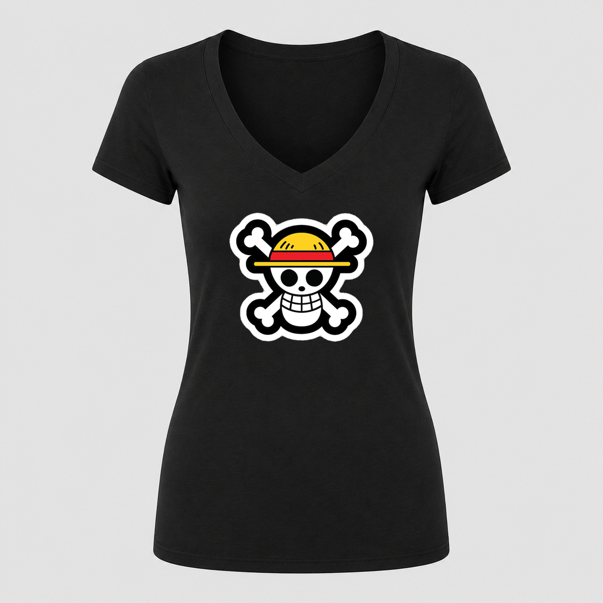 Women's Straw Hat Luffy V Neck T-Shirt in black