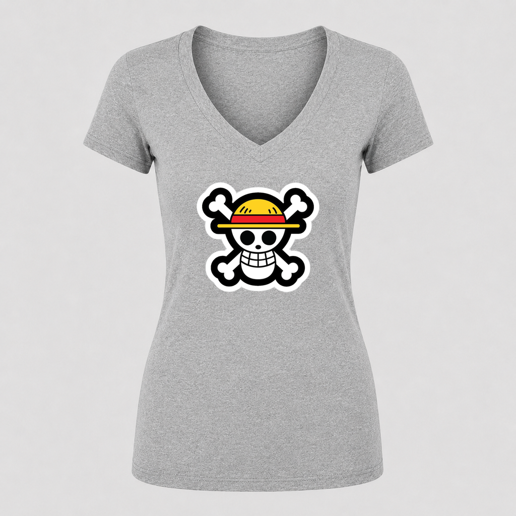 Women's Straw Hat Luffy V Neck T-Shirt in gray