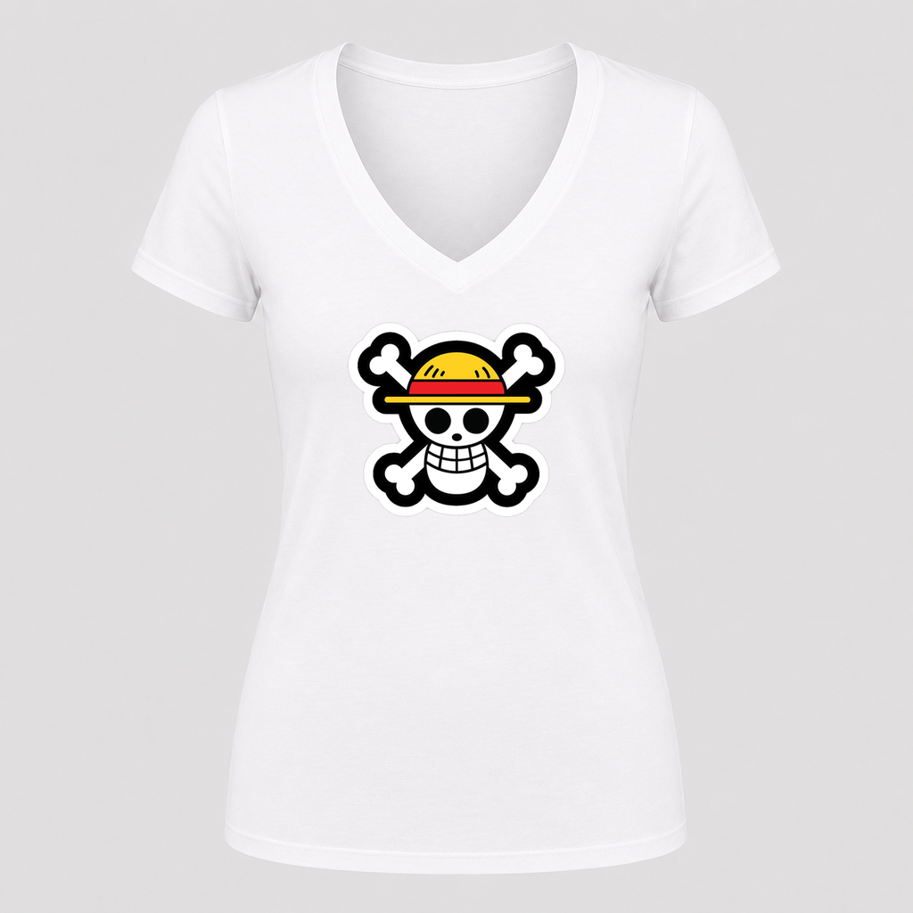 Women's Straw Hat Luffy V Neck T-Shirt in white
