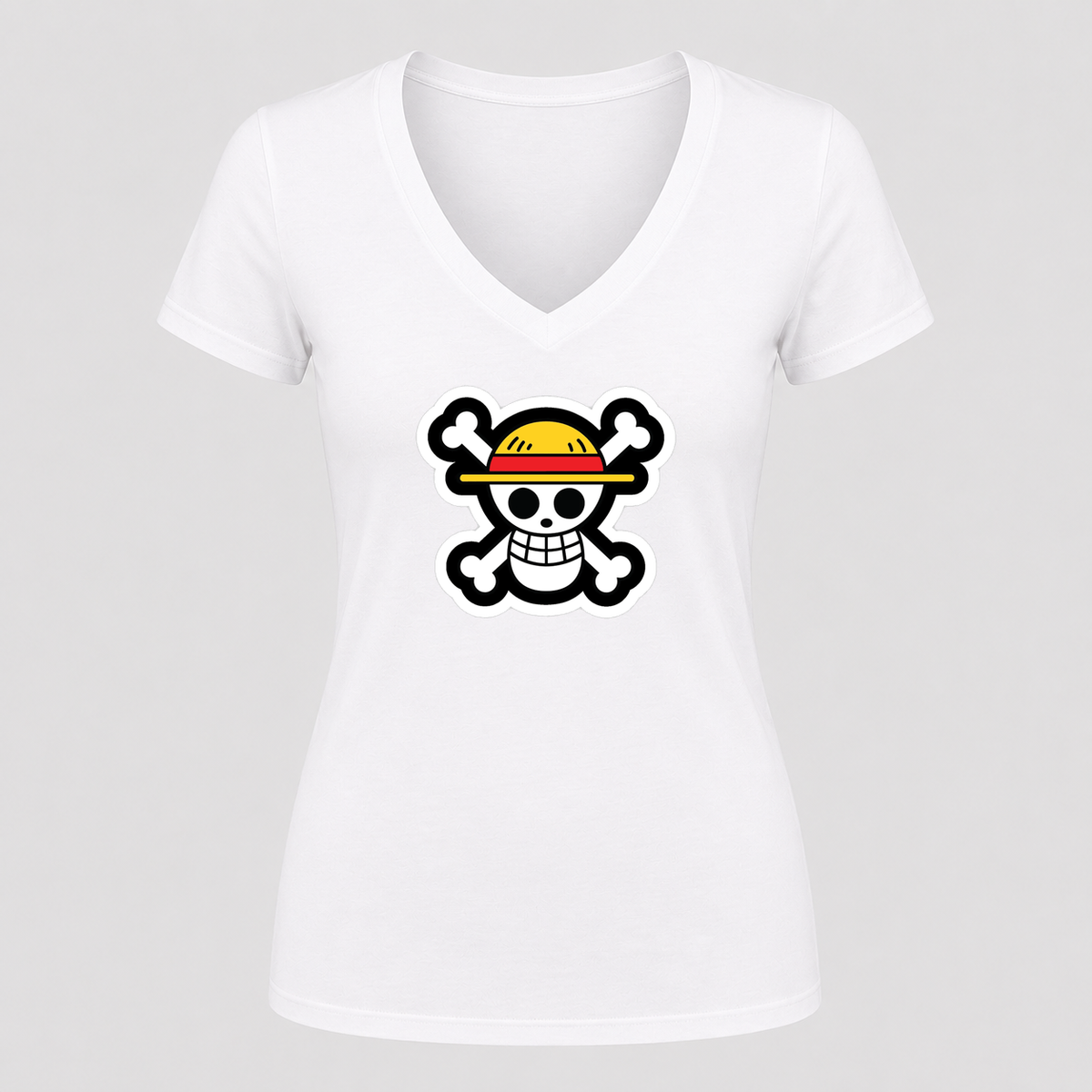Women's Straw Hat Luffy V Neck T-Shirt in white