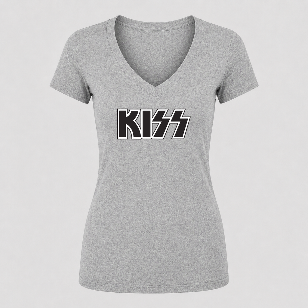 Women's KISS V Neck T-Shirt in gray