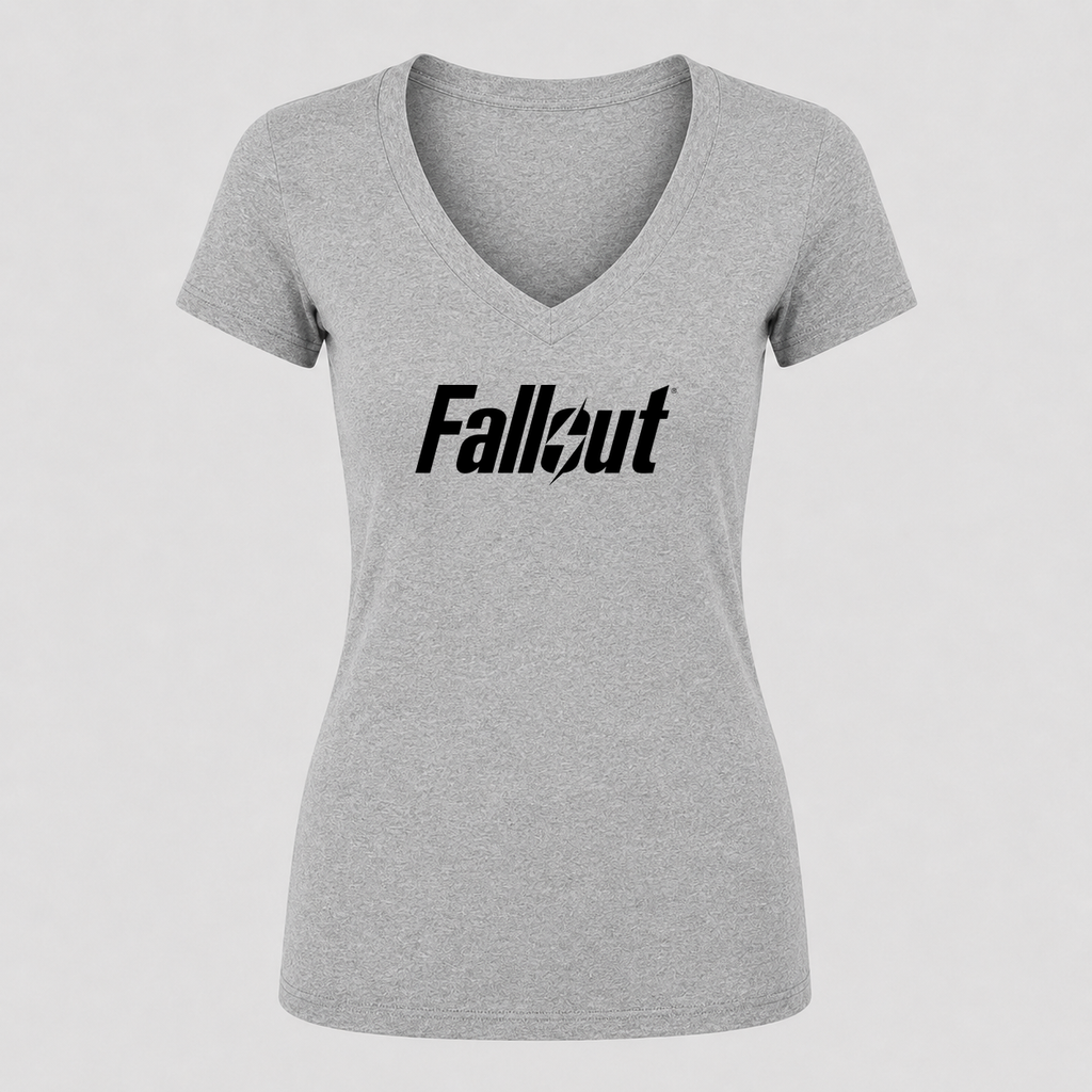 Women's Fallout Black Logo V Neck T-Shirt in gray