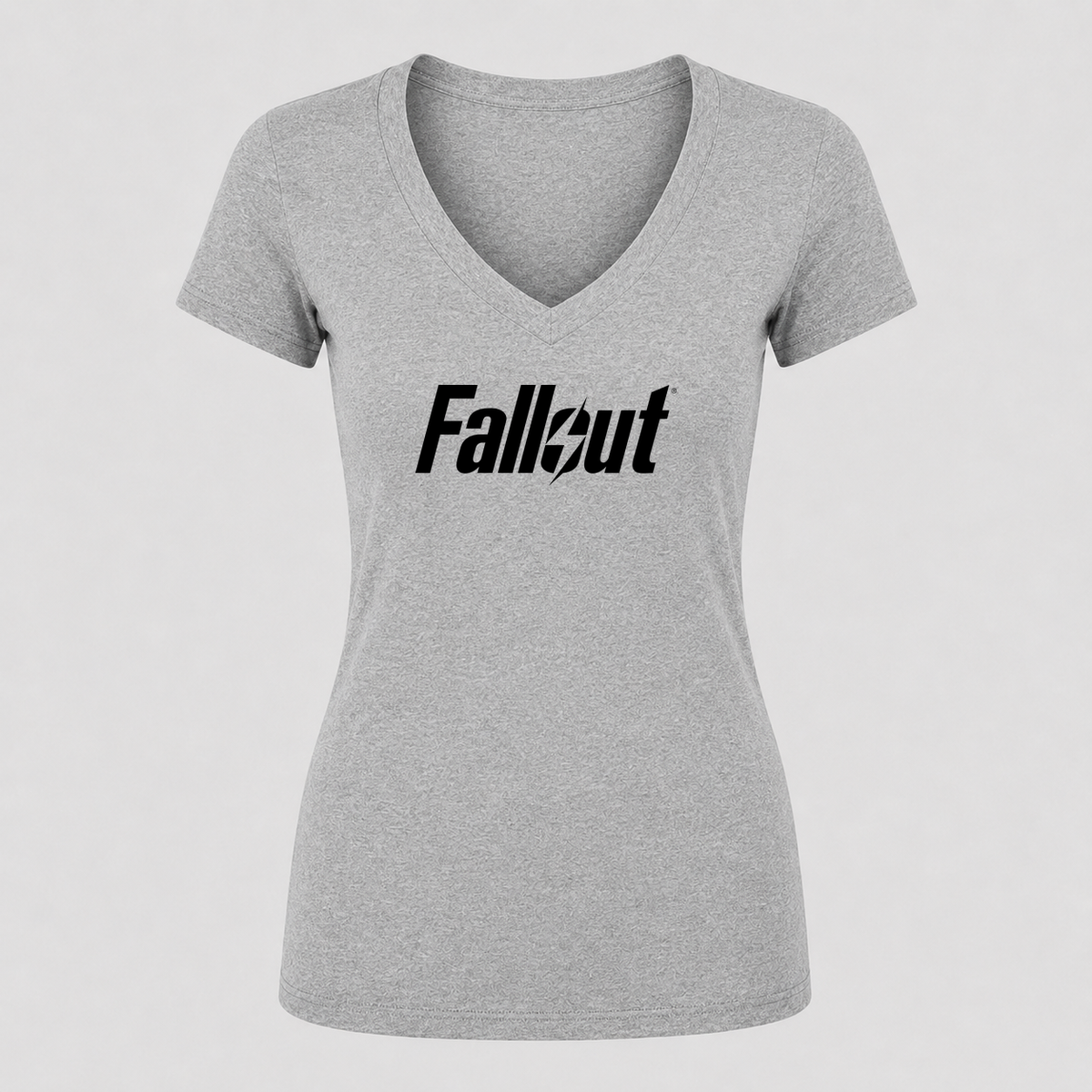 Women's Fallout Black Logo V Neck T-Shirt in gray
