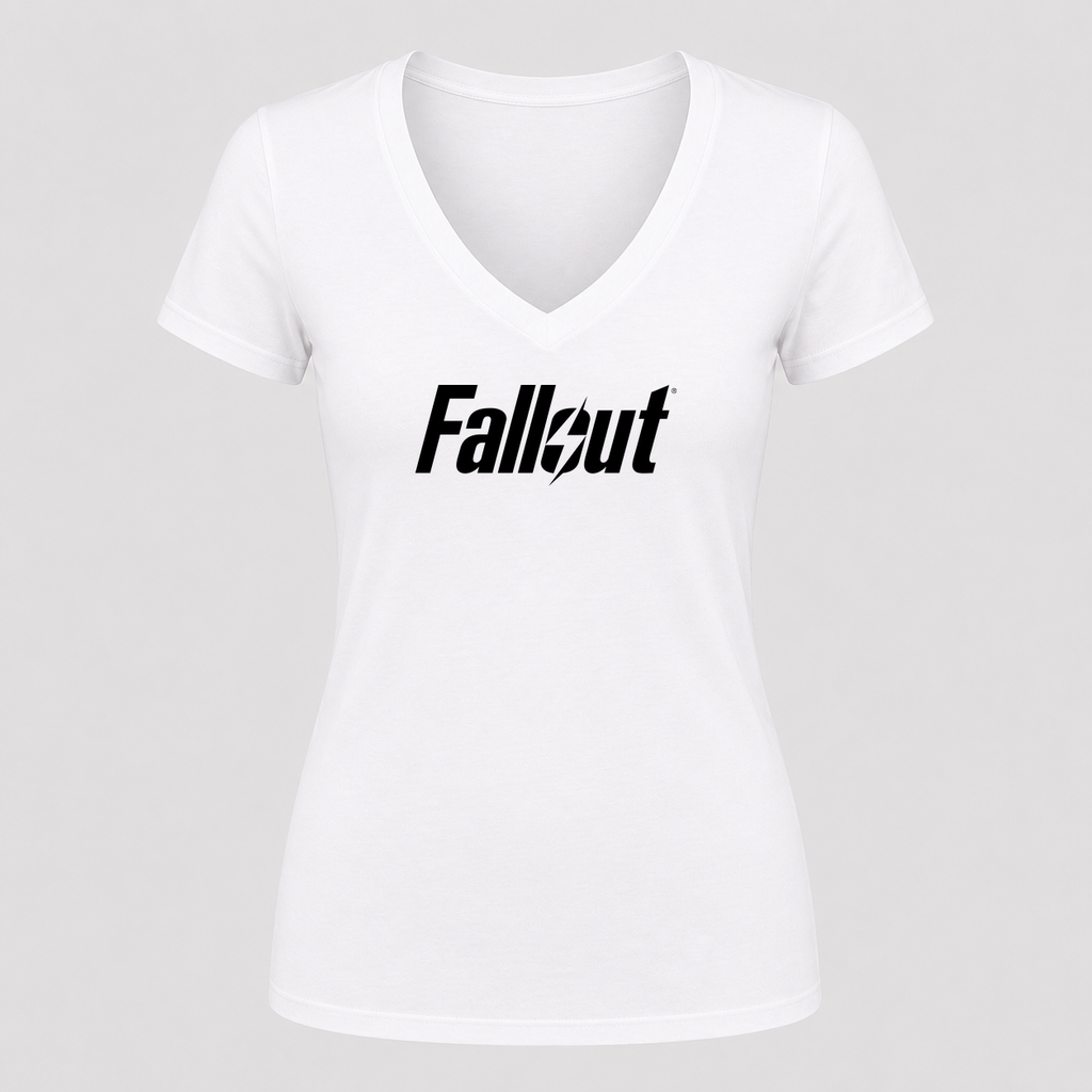 Women's Fallout Black Logo V Neck T-Shirt in white