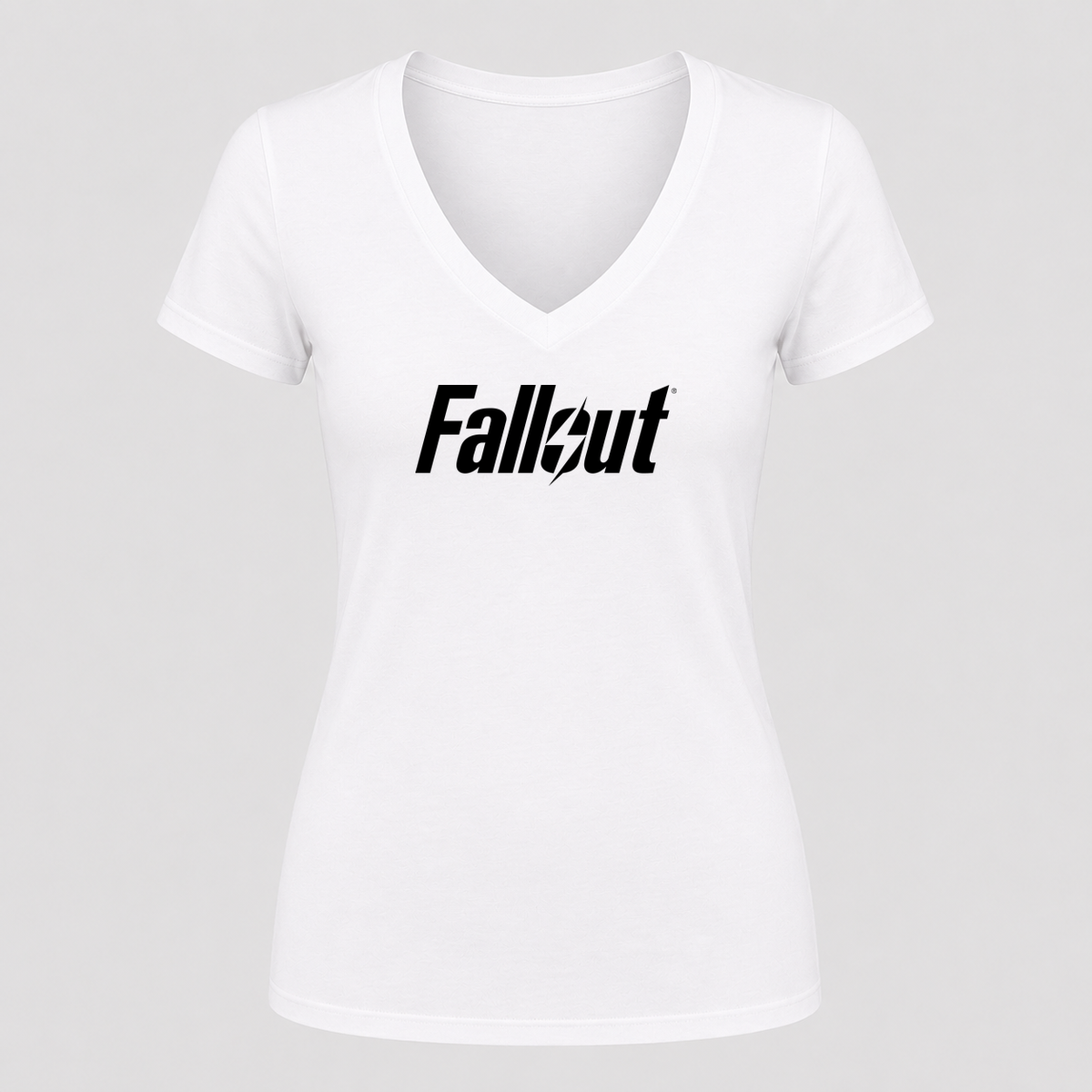 Women's Fallout Black Logo V Neck T-Shirt in white