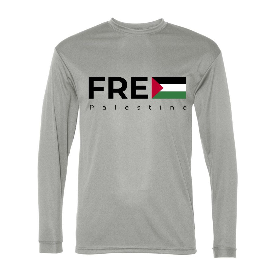Men's Free Palestine Black Polyester Long Sleeve T-Shirt - Silver