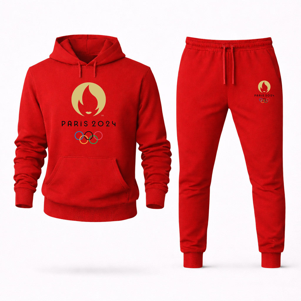 Paris 2024 Olympics Black Hoodie and Joggers Set - Red