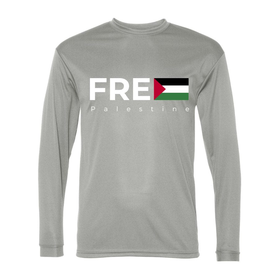 Men's Free Palestine White Logo Polyester Long Sleeve T-Shirt - Silver