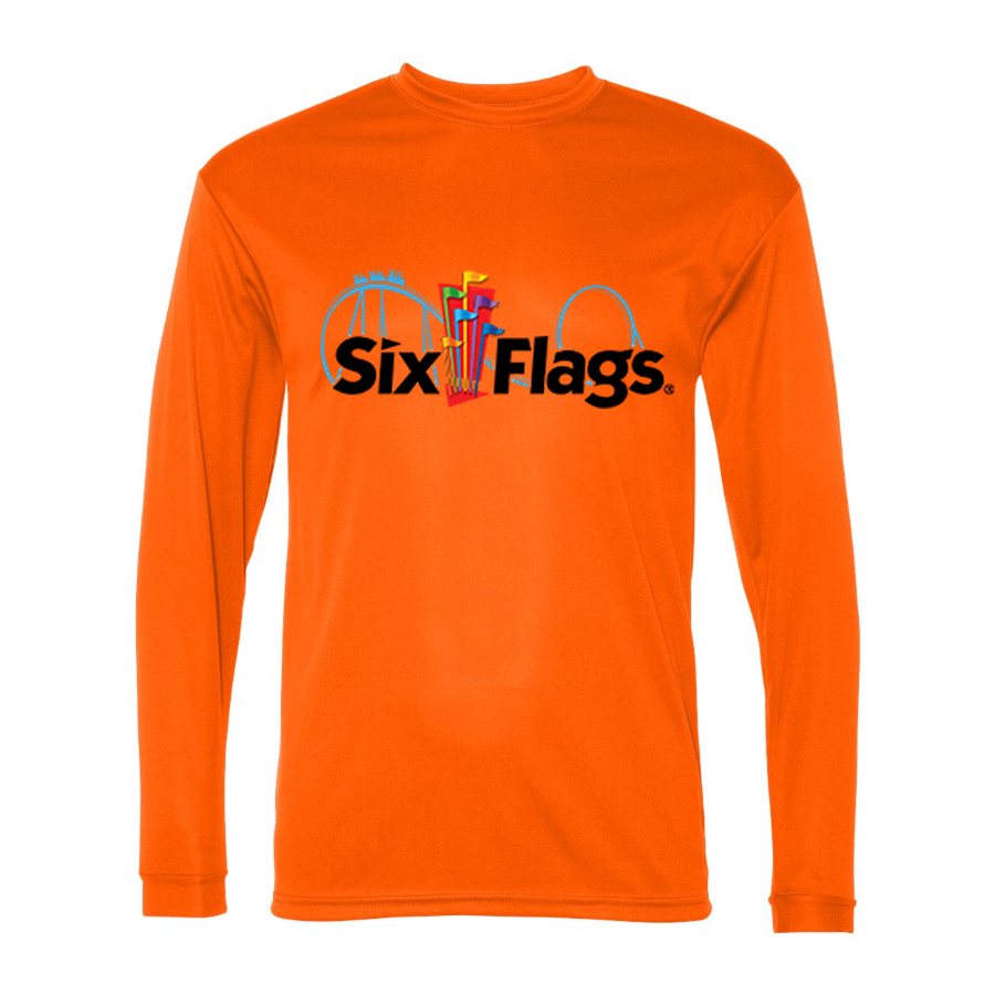 Men's Six Flags Polyester Long Sleeve T-Shirt - Safety Orange