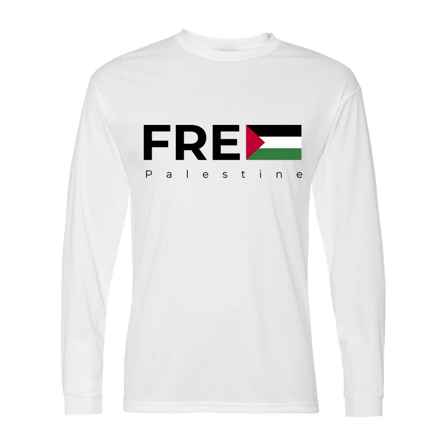 Men's Free Palestine Black Polyester Long Sleeve T-Shirt - White