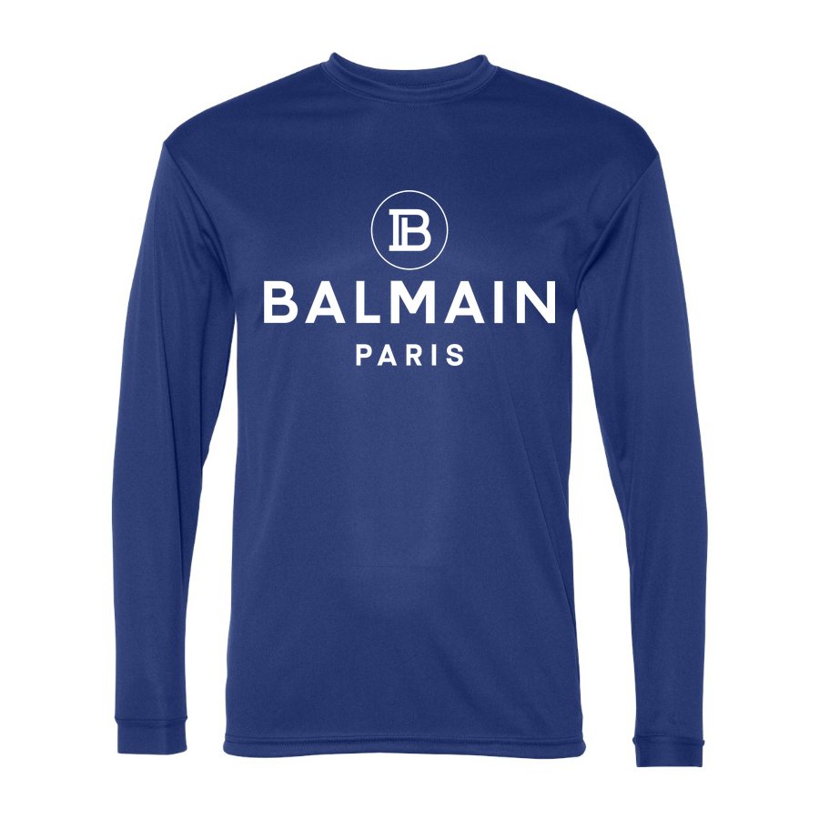 Men's Balmain Paris white Polyester Long Sleeve T-Shirt - Royal Blue