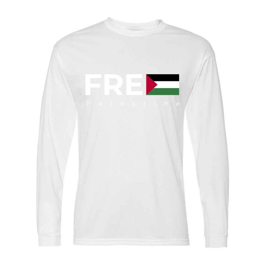 Men's Free Palestine White Logo Polyester Long Sleeve T-Shirt - White