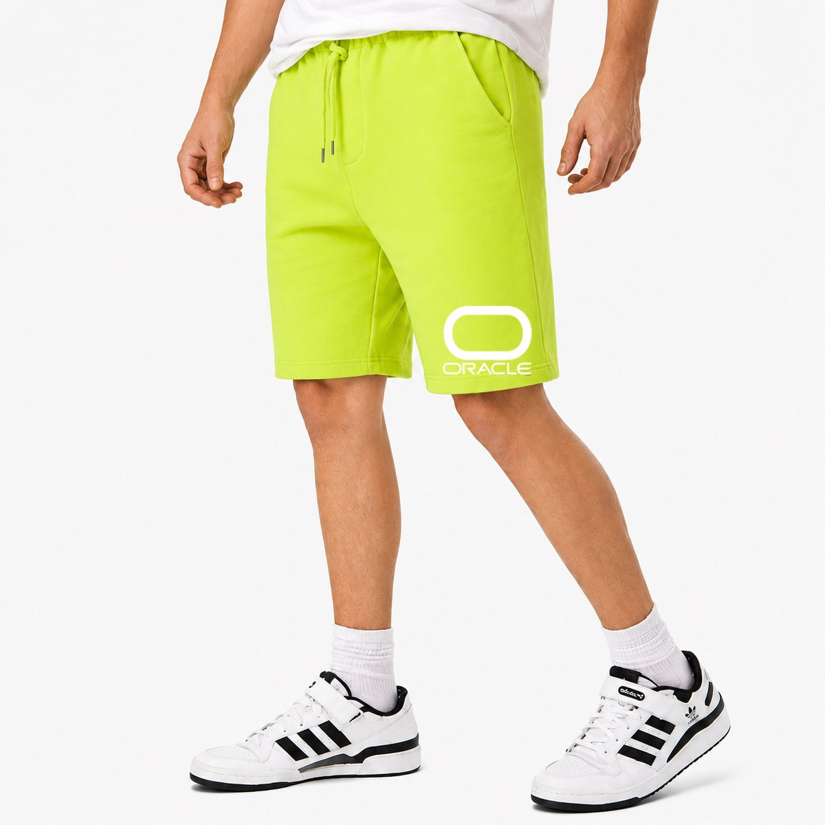 Men's Oracle Logo White Cotton Shorts - Lime Green