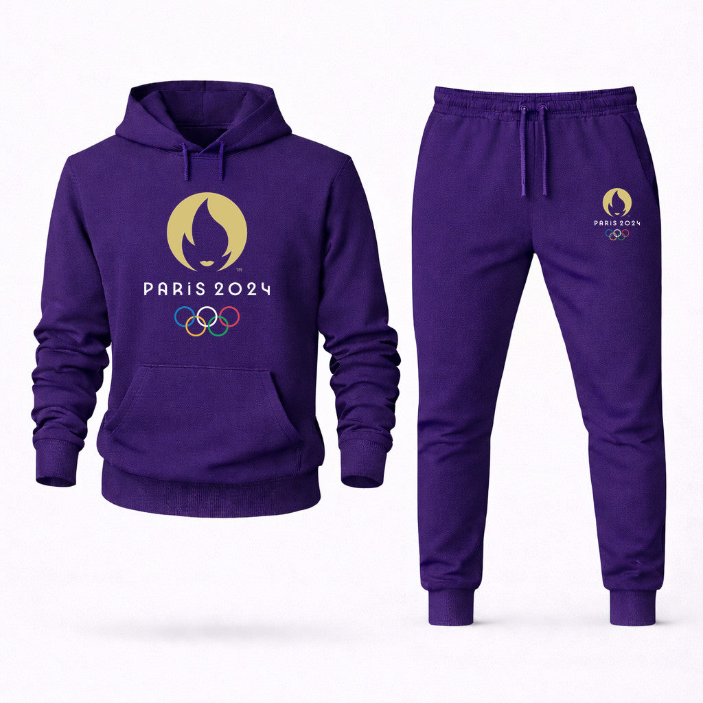 Paris 2024 Olympics White Hoodie and Joggers Set - Purple