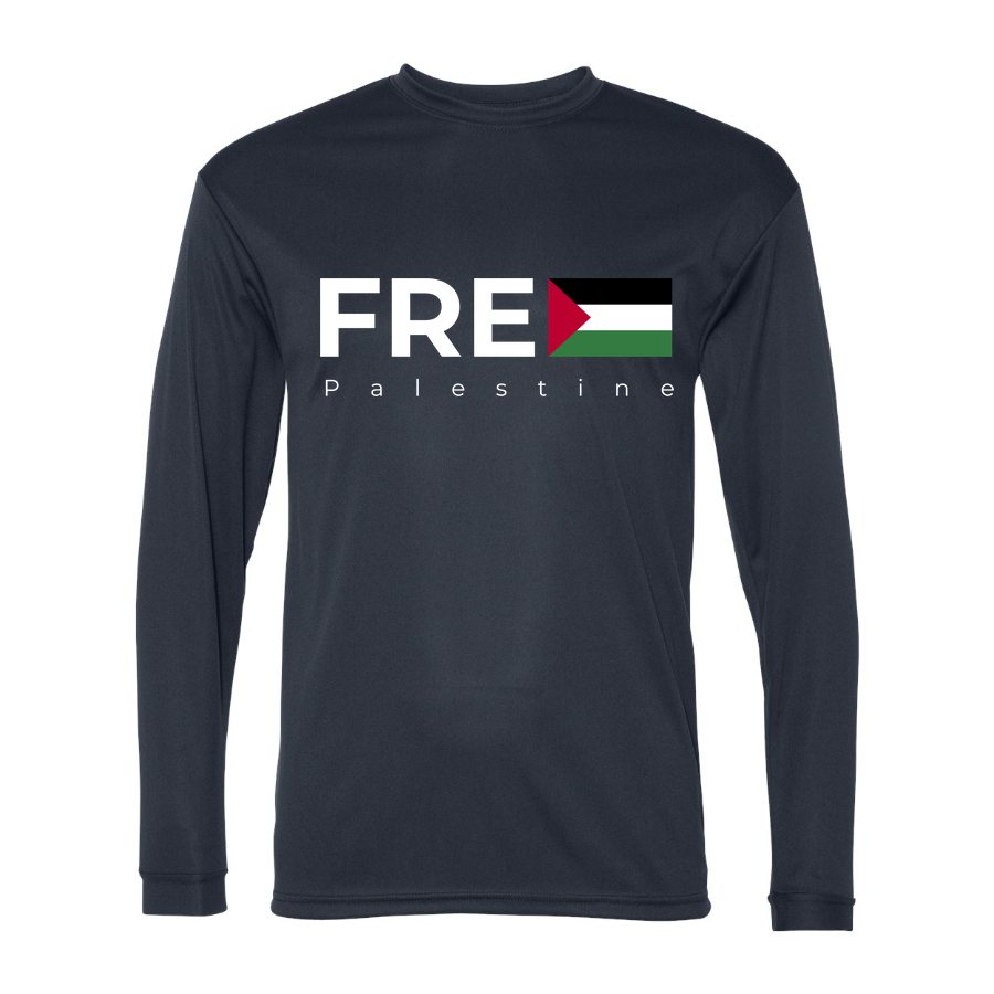 Men's Free Palestine White Logo Polyester Long Sleeve T-Shirt - Navy