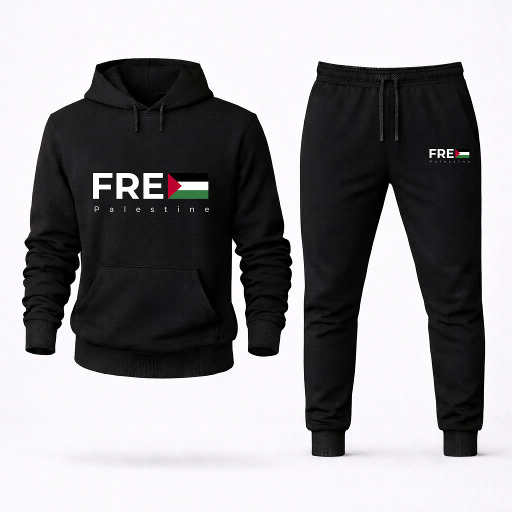 Free Palestine White Hoodie and Joggers Set - Black