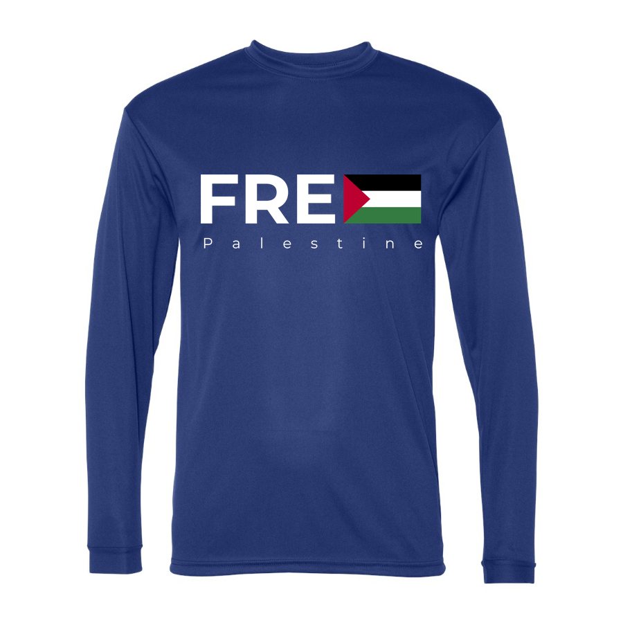 Men's Free Palestine White Logo Polyester Long Sleeve T-Shirt - Royal Blue