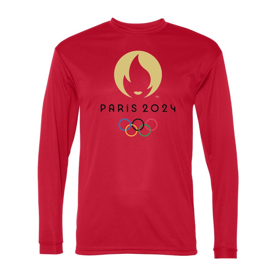 Men's Olympics 2024 Paris Black Polyester Long Sleeve T-Shirt - Red