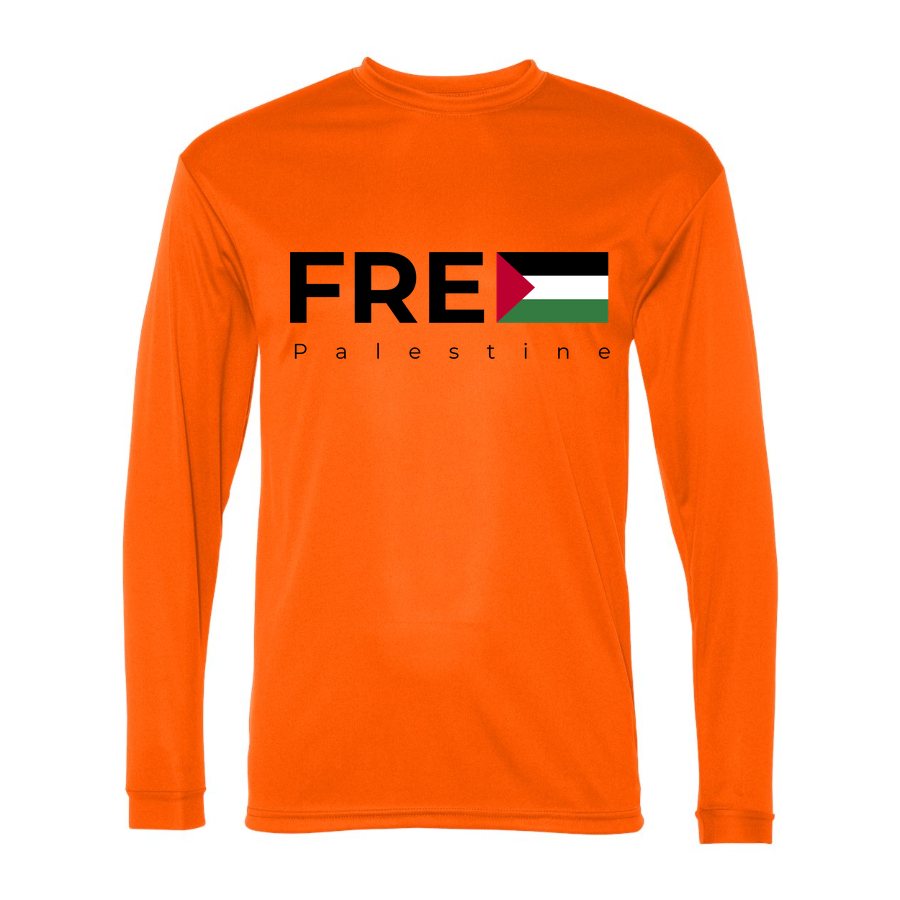 Men's Free Palestine Black Polyester Long Sleeve T-Shirt - Safety Orange