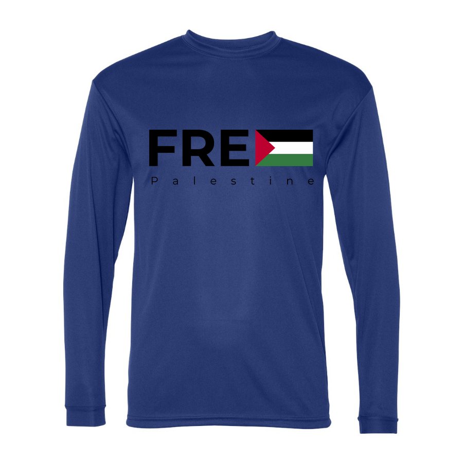 Men's Free Palestine Black Polyester Long Sleeve T-Shirt - Royal Blue