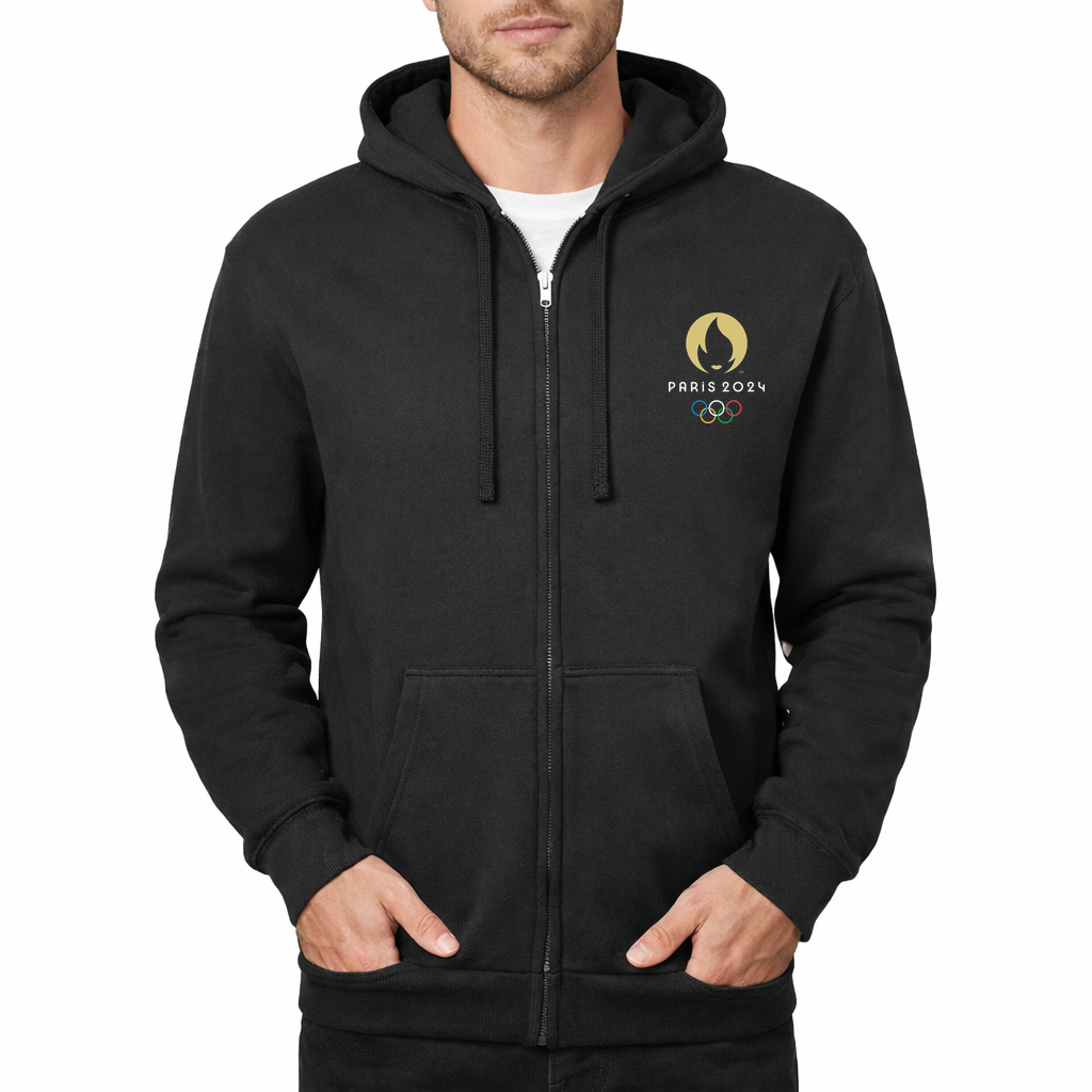 Men's Olympics 2024 Paris White Zipper Hoodie - Black