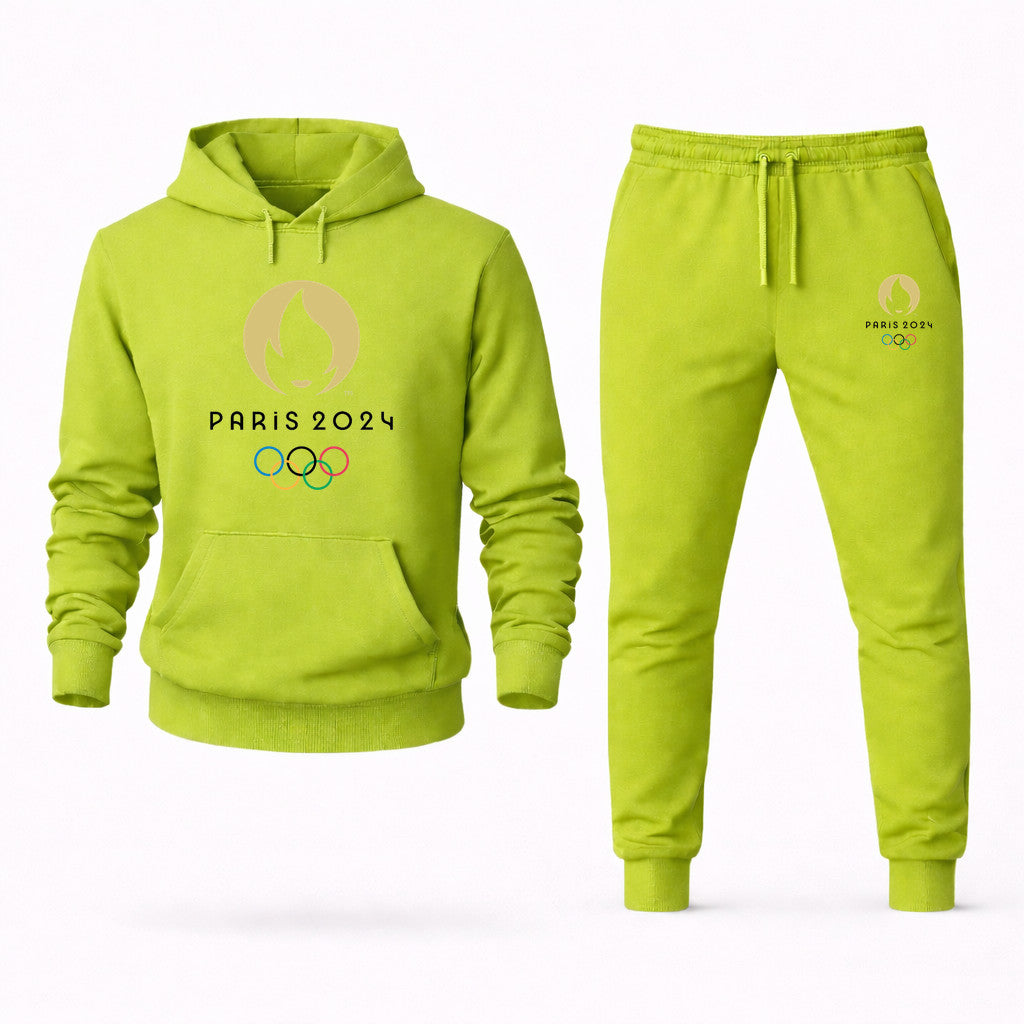 Paris 2024 Olympics Black Hoodie and Joggers Set - Lime Green