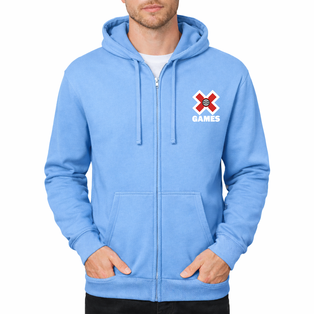 Men's X Games logo.white Zipper Hoodie - Sky Blue