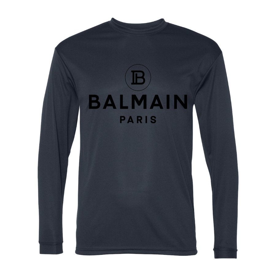 Men's Balmain Paris Polyester Long Sleeve T-Shirt - Navy