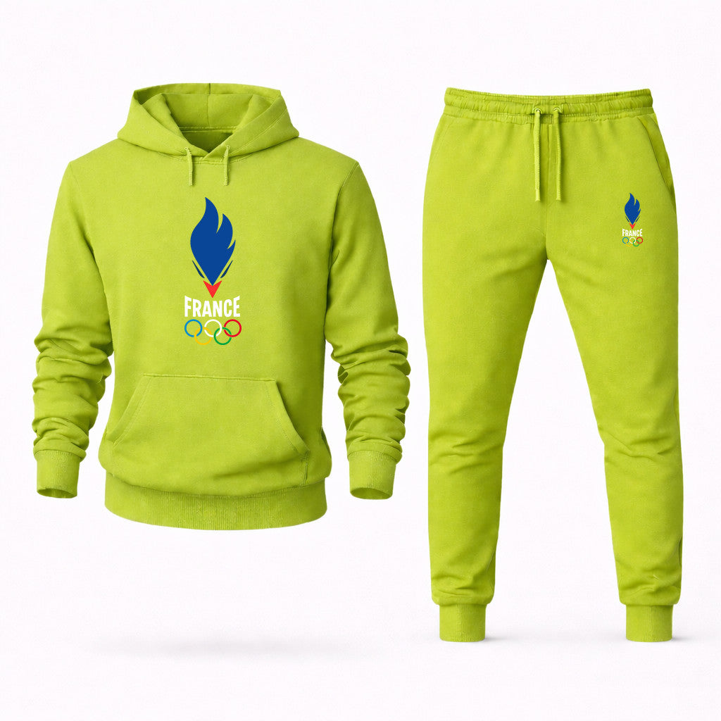 France 2024 White Hoodie and Joggers Set - Lime Green