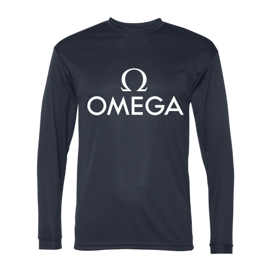 Men's Omega White Logo Polyester Long Sleeve T-Shirt - Navy