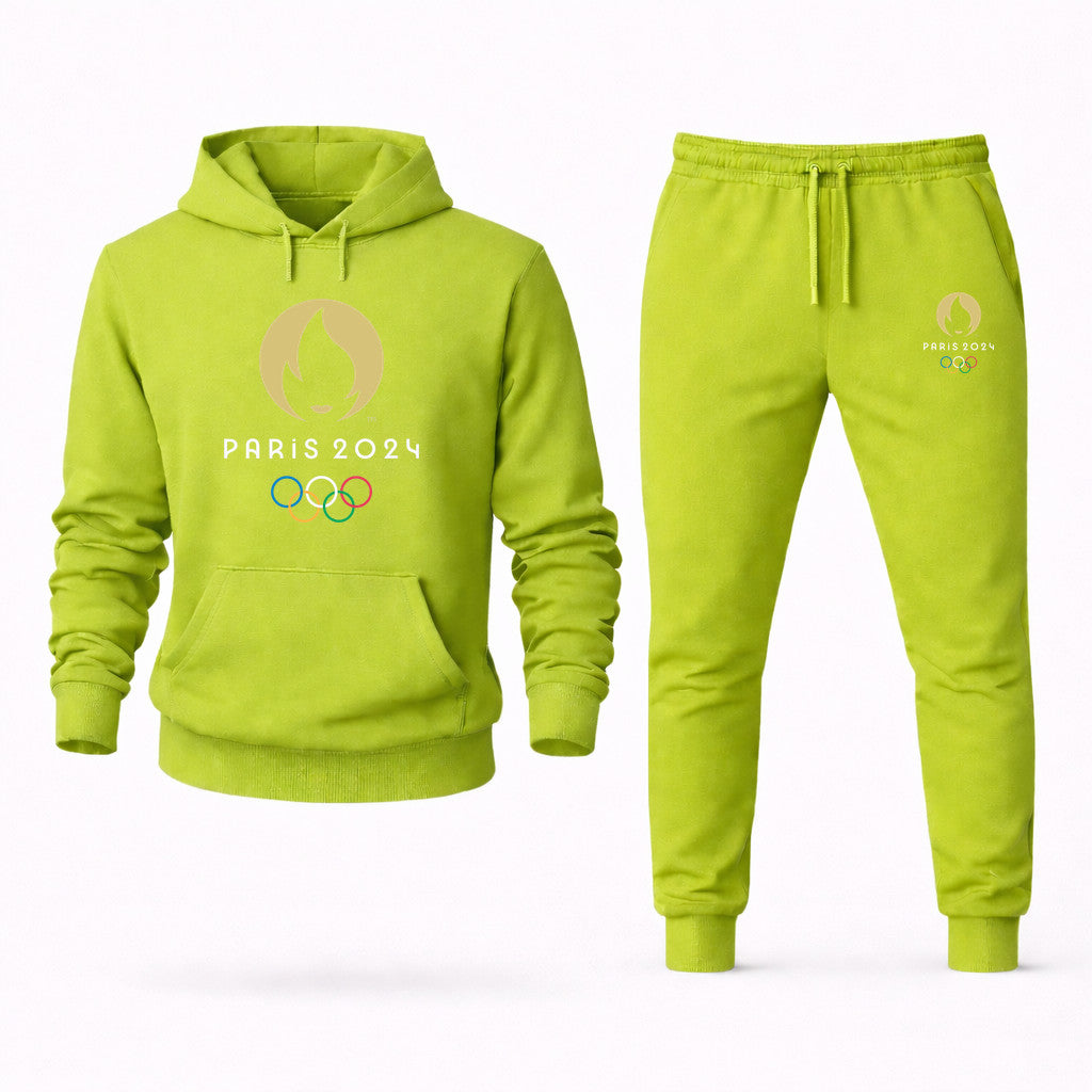 Paris 2024 Olympics White Hoodie and Joggers Set - Lime Green