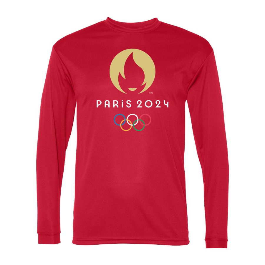 Men's Olympics 2024 Paris White Polyester Long Sleeve T-Shirt - Red