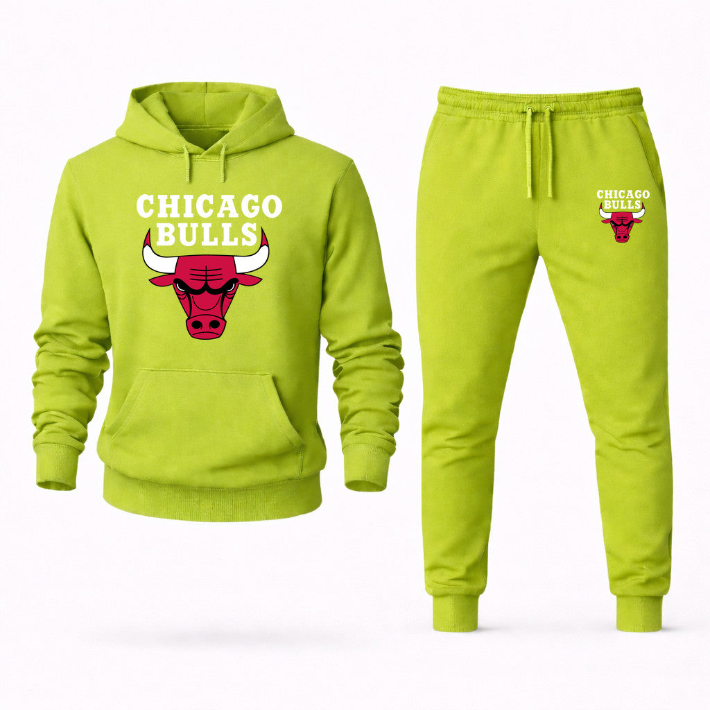 Chicago Bulls White Hoodie and Joggers Set - Lime Green