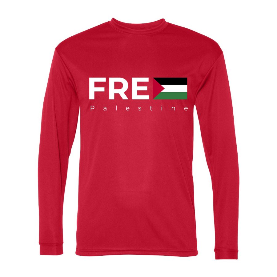 Men's Free Palestine White Logo Polyester Long Sleeve T-Shirt - Red