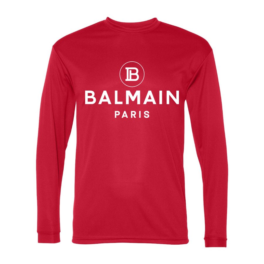 Men's Balmain Paris white Polyester Long Sleeve T-Shirt - Red