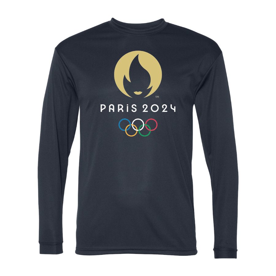 Men's Olympics 2024 Paris White Polyester Long Sleeve T-Shirt - Navy