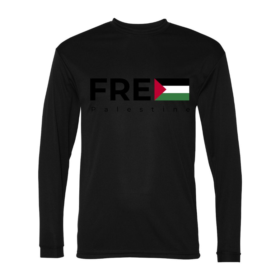 Men's Free Palestine Black Polyester Long Sleeve T-Shirt - Black
