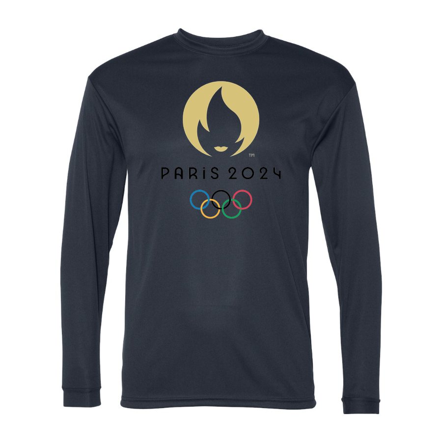 Men's Olympics 2024 Paris Black Polyester Long Sleeve T-Shirt - Navy