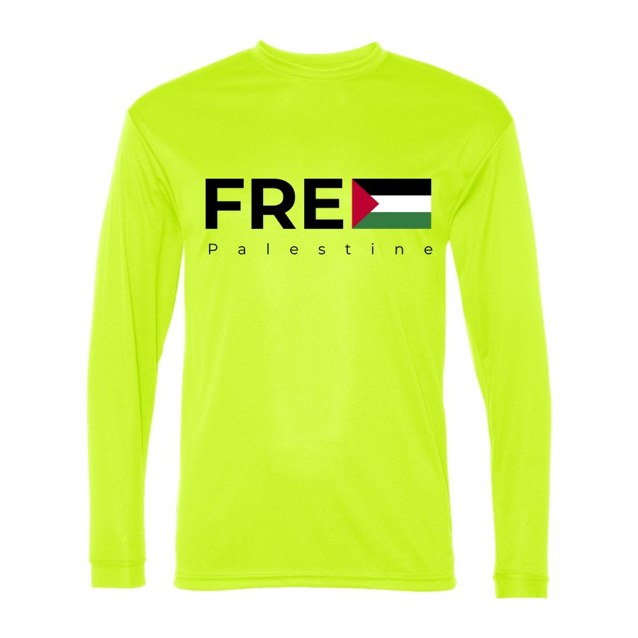 Men's Free Palestine Black Polyester Long Sleeve T-Shirt - Safety Yellow