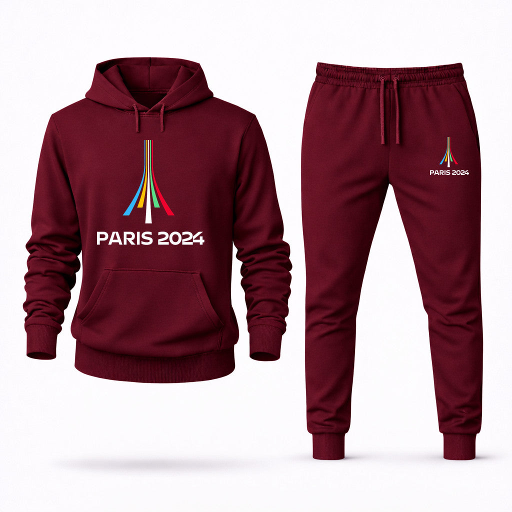 Paris 2024 Olympics White Hoodie and Joggers Set - Burgundy