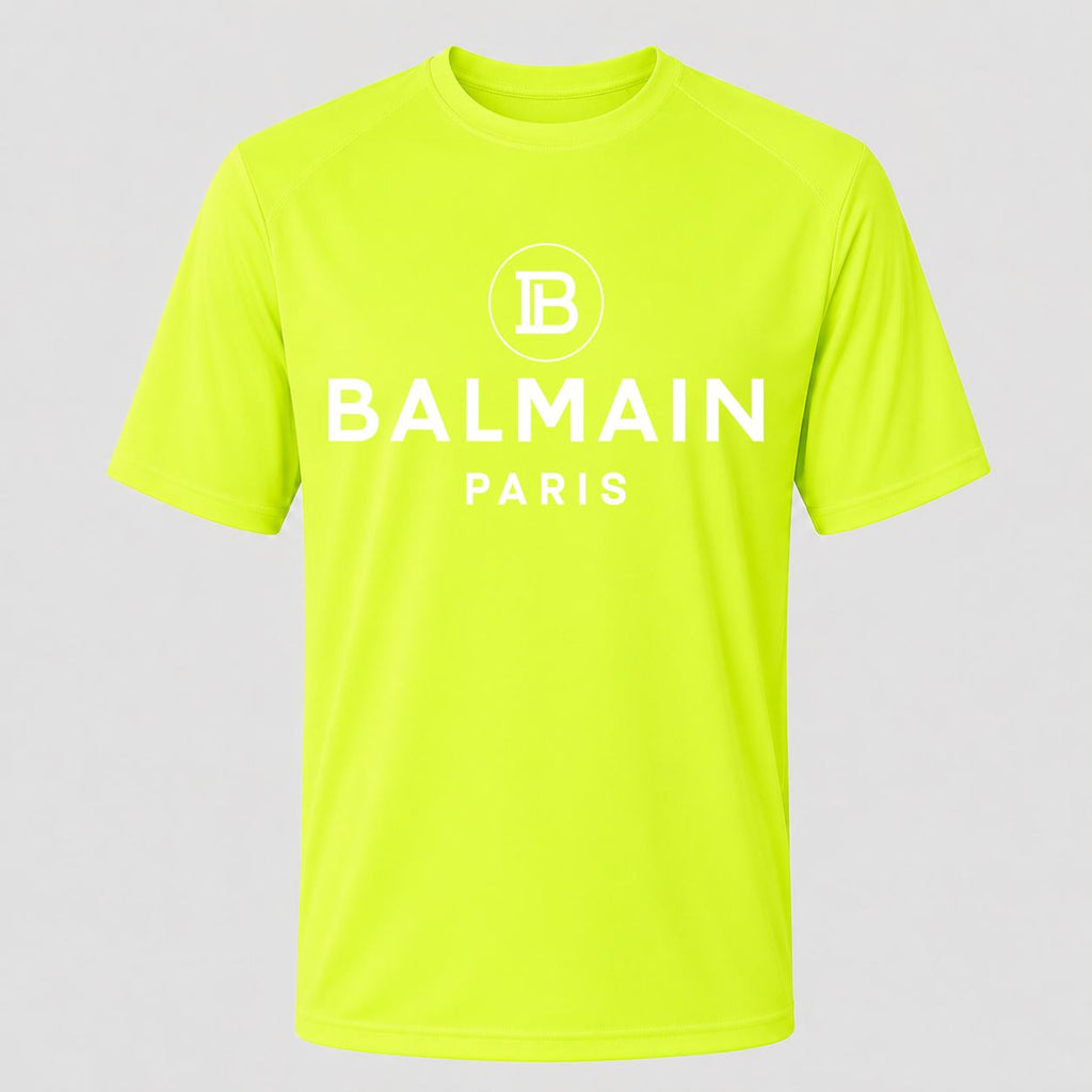 Men's Balmain Paris White Performance T-Shirt - Safety Green