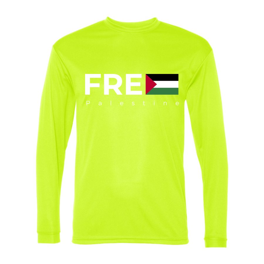 Men's Free Palestine White Logo Polyester Long Sleeve T-Shirt - Safety Yellow