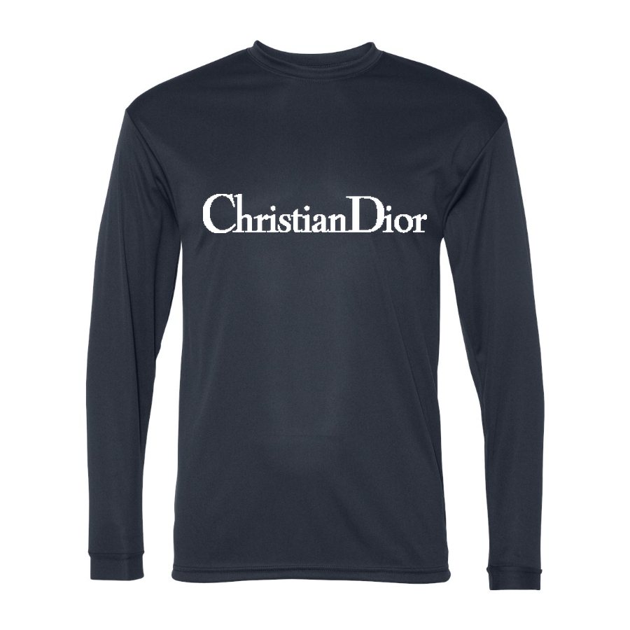 Men's Dior White Logo Polyester Long Sleeve T-Shirt - Navy