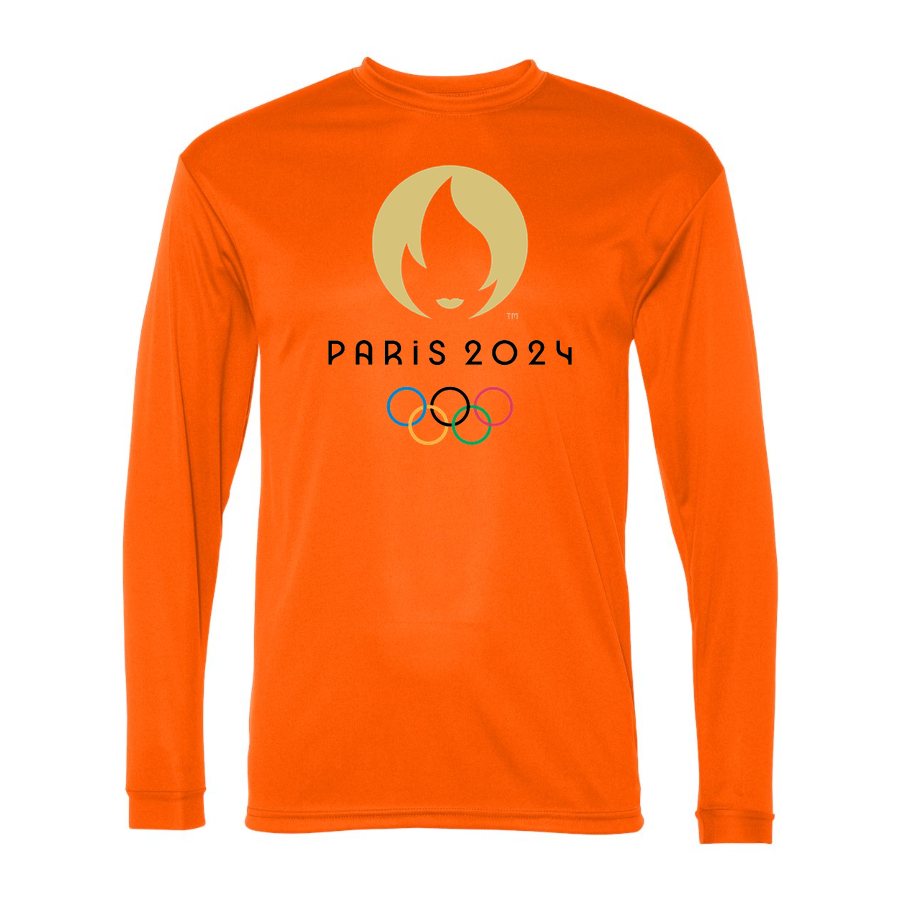 Men's Olympics 2024 Paris Black Polyester Long Sleeve T-Shirt - Safety Orange