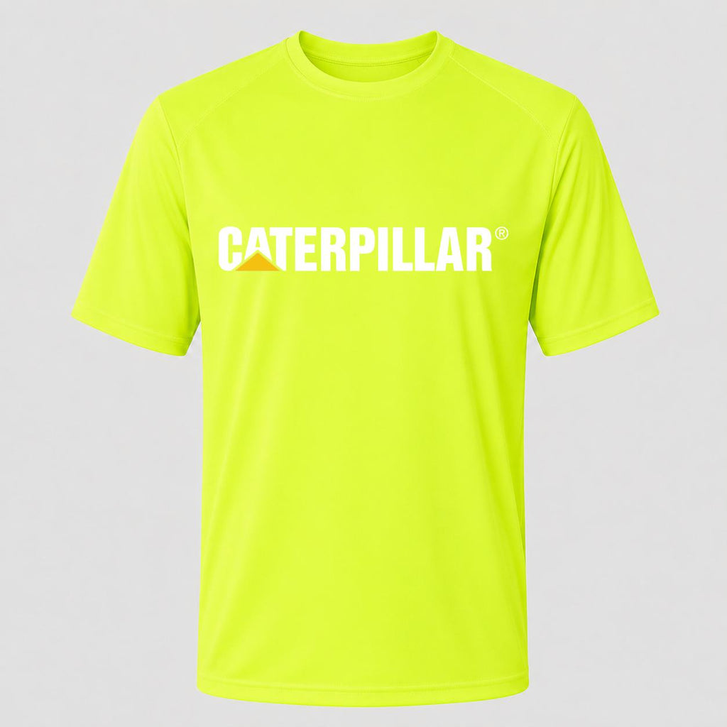 Men's Caterpillar White Performance T-Shirt - Safety Green