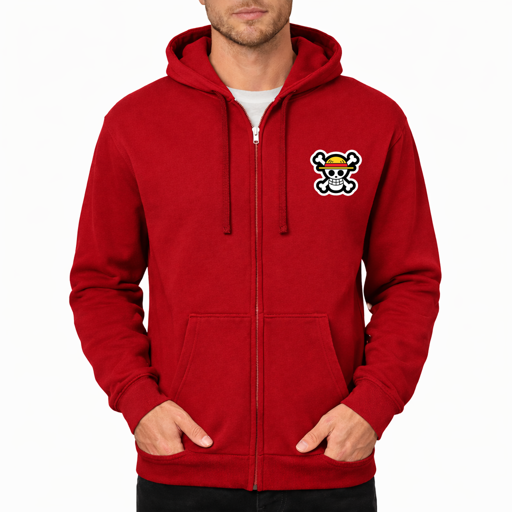 StrawHat Luffy Cartoon Zipper Hoodie - Red