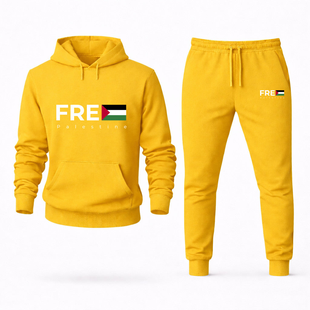 Free Palestine White Hoodie and Joggers Set - Yellow
